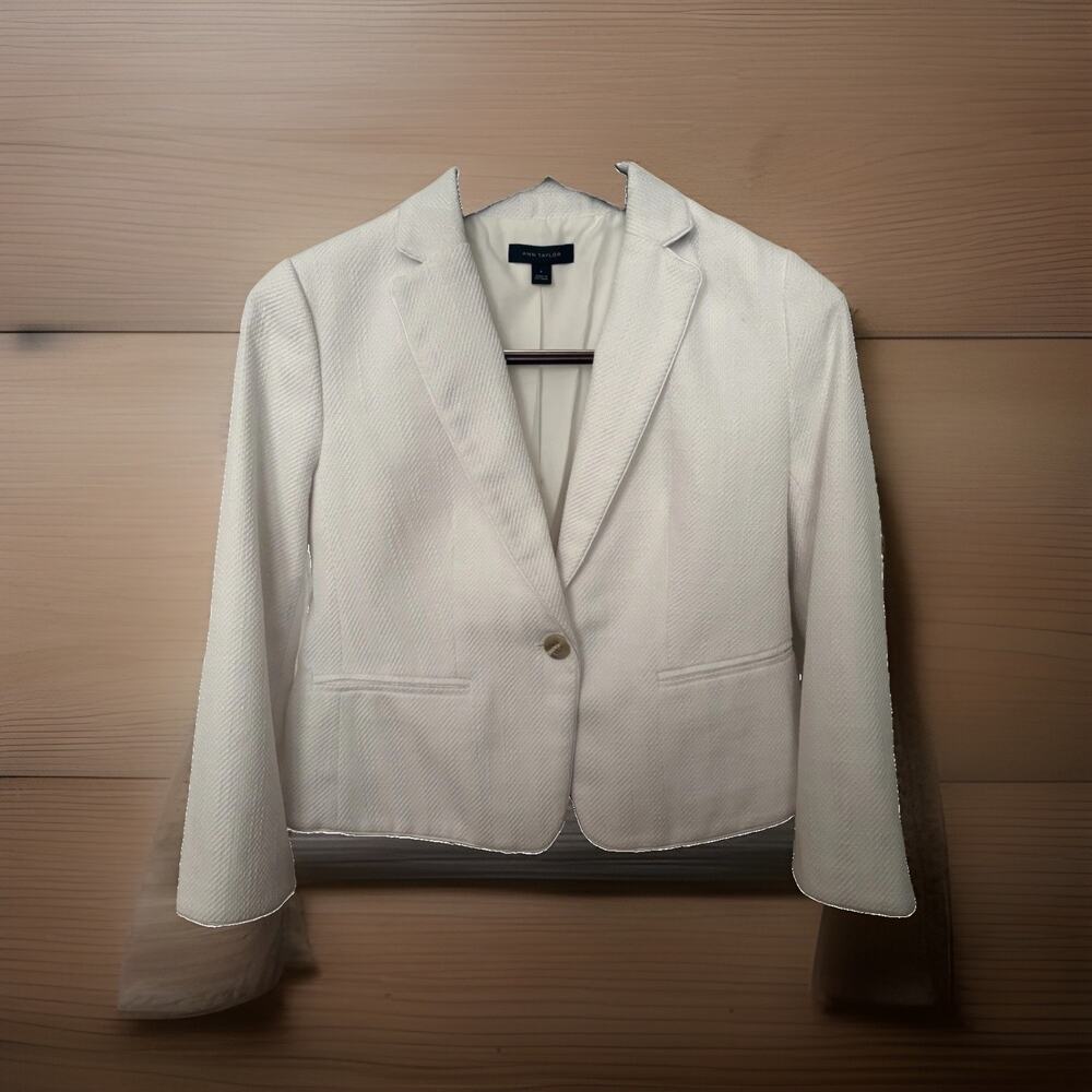 Ann Taylor Women’s White Blazer Jacket One-Button Lined Pockets Long Sleeve 6